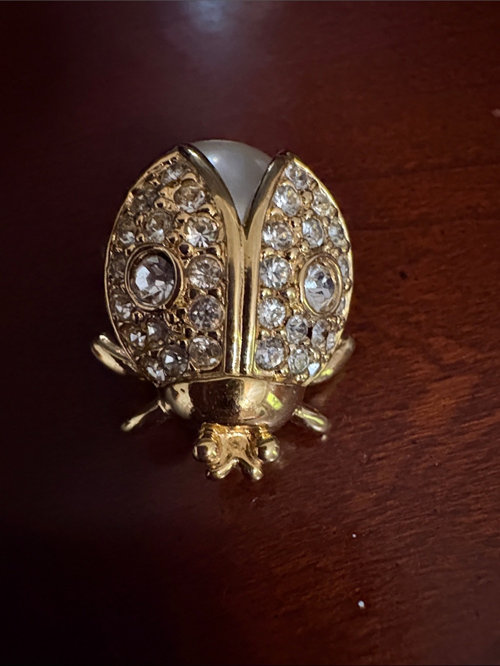 1” Gold-tone Ladybug Faux Pearl & Crystal Brooch